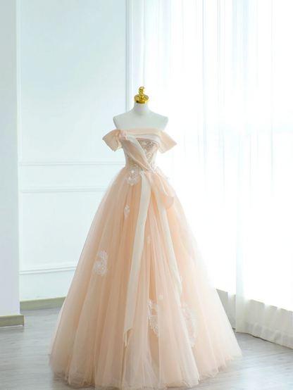 Charming Ball Gown Off The Shoulder Blush Pink Tulle With Applique Long For Senior Year 2026 Prom Dresses Sweet 16 Dress MP075