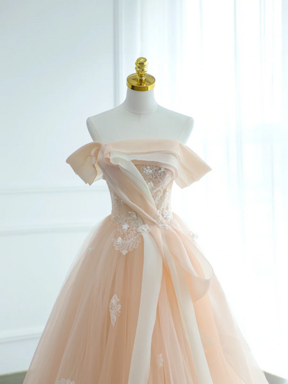 Charming Ball Gown Off The Shoulder Blush Pink Tulle With Applique Long For Senior Year 2026 Prom Dresses Sweet 16 Dress MP075