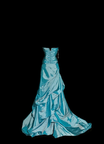 Robe de soirée vintage bustier en taffetas bleu avec volants froncés, longue, style Y2K, tenue de soirée tendance, robes de bal d'inspiration MP1179