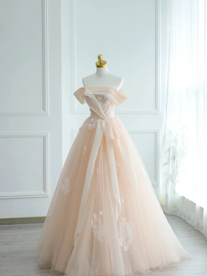 Charming Ball Gown Off The Shoulder Blush Pink Tulle With Applique Long For Senior Year 2026 Prom Dresses Sweet 16 Dress MP075