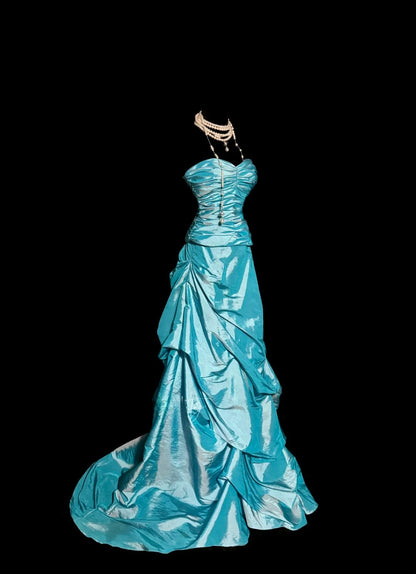 Robe de soirée vintage bustier en taffetas bleu avec volants froncés, longue, style Y2K, tenue de soirée tendance, robes de bal d'inspiration MP1179