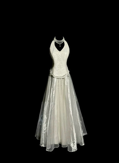 Stylish A Line Halter White Organza Sleeveless Formal Gown Prom Dresses Inspiration Formal Dress MP1180