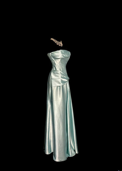 Stylish Mermaid Strapless Blue Silky Satin Sleeveless Formal Gown Prom Dresses Inspiration Formal Dress MP1183