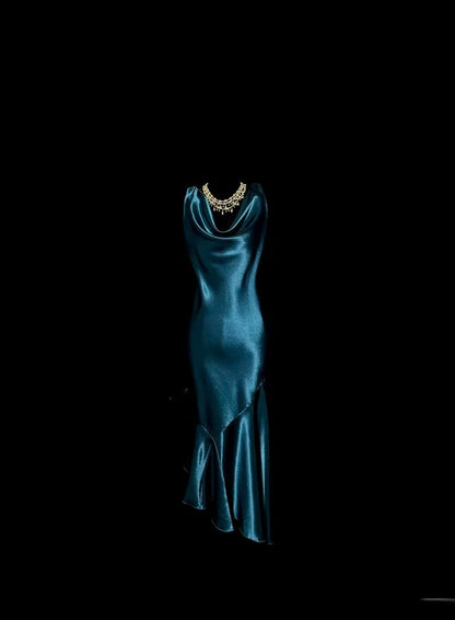 Vintage Etuikleid Wasserfallausschnitt Petrolblau Retro Motto Prom Outfits 80er Jahre Mit Rüschen Y2K Abendkleid Teelänge Festliche Kleider MP1185
