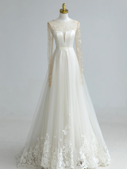 Dream A Line Scoop Lange Ärmel Elfenbein mit Applikationen Hofschleppe Prinzessin Brautkleider Hochzeitskleider MP080