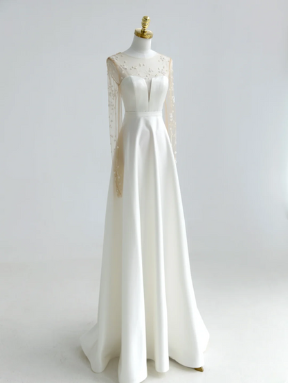 Dream A Line Scoop Lange Ärmel Elfenbein mit Applikationen Hofschleppe Prinzessin Brautkleider Hochzeitskleider MP080