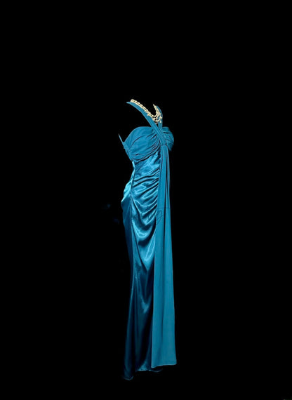 Vintage Mermaid Halter Blue Satin Chiffon Retro Themed Prom Outfits 80s Y2K Evening Dress Long Formal Dresses MP1187