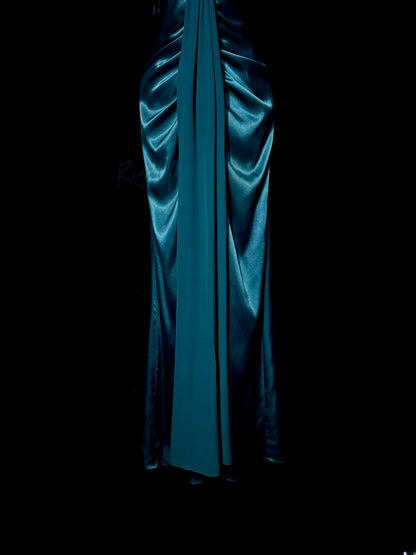 Vintage Mermaid Halter Blue Satin Chiffon Retro Themed Prom Outfits 80s Y2K Evening Dress Long Formal Dresses MP1187