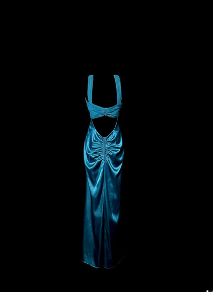 Vintage Mermaid Halter Blue Satin Chiffon Retro Themed Prom Outfits 80s Y2K Evening Dress Long Formal Dresses MP1187