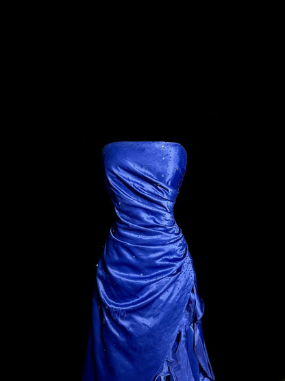 Vintage Ball Gown Strapless Royal Blue Satin With Ruffled Retro Themed Prom Outfits 90s Y2K Evening Dress Long Prom Dresses MP1188