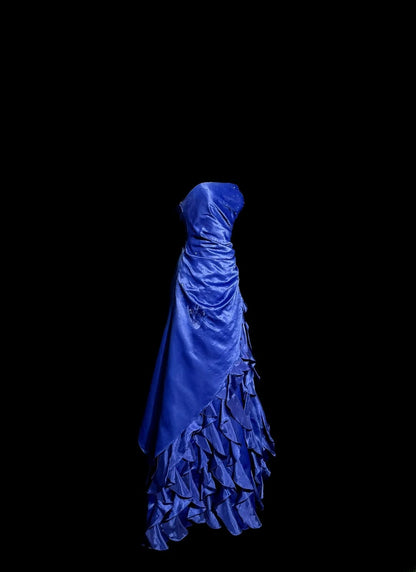 Vintage Ball Gown Strapless Royal Blue Satin With Ruffled Retro Themed Prom Outfits 90s Y2K Evening Dress Long Prom Dresses MP1188
