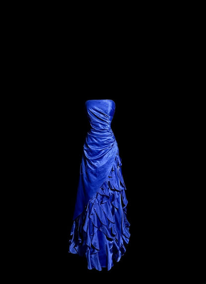 Vintage Ball Gown Strapless Royal Blue Satin With Ruffled Retro Themed Prom Outfits 90s Y2K Evening Dress Long Prom Dresses MP1188