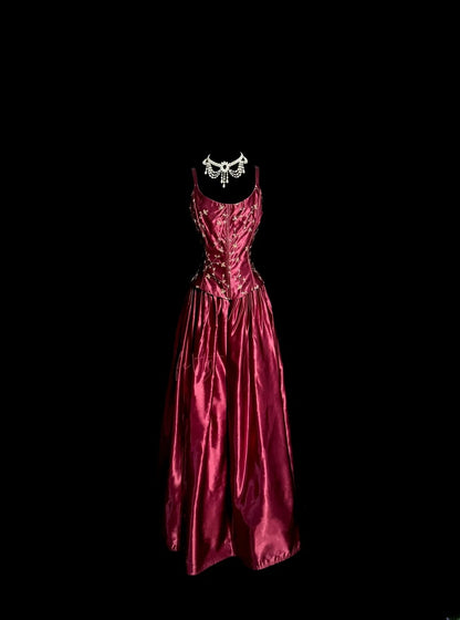 Vintage A-Linie Träger Rot mit besticktem Satin Retro Motto Prom Outfits 90er Y2K Abendkleid Lange Abschlussballkleider MP1189