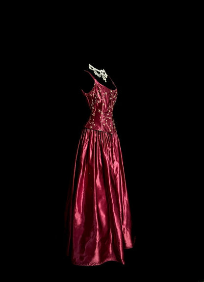 Vintage A-Linie Träger Rot mit besticktem Satin Retro Motto Prom Outfits 90er Y2K Abendkleid Lange Abschlussballkleider MP1189