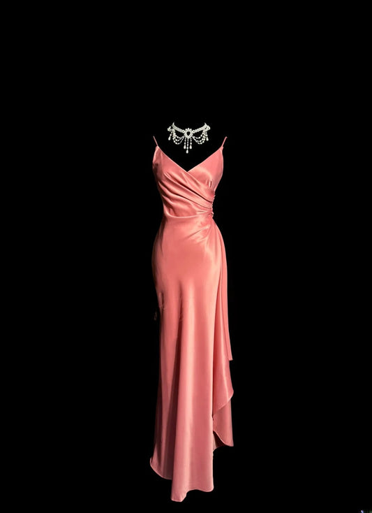 Stylish Mermaid Spaghetti Strap Coral Silky Satin Sleeveless Formal Gown Prom Dresses Inspiration Formal Dress MP1190