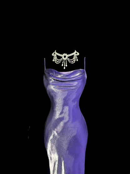 Elegantes Meerjungfrau-Abendkleid mit Spaghettiträgern in Lila aus seidigem Satin, ärmellos, für Abschlussball-Kleider-Inspiration, formelles Kleid MP1191
