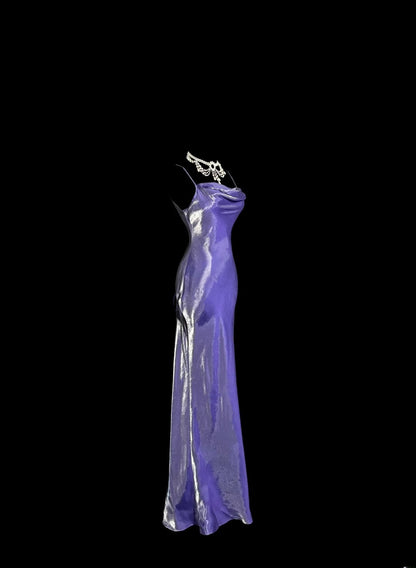 Elegantes Meerjungfrau-Abendkleid mit Spaghettiträgern in Lila aus seidigem Satin, ärmellos, für Abschlussball-Kleider-Inspiration, formelles Kleid MP1191