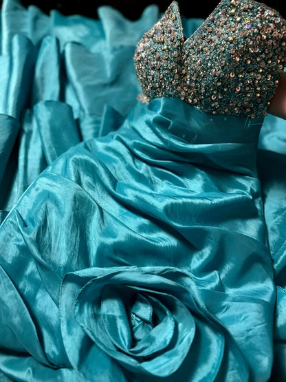 Vintage Meerjungfrau Trägerlos Blau mit Perlen Retro Motto Abschlussball Outfits 90er Y2K Abendkleid Lange Abschlussballkleider MP1193