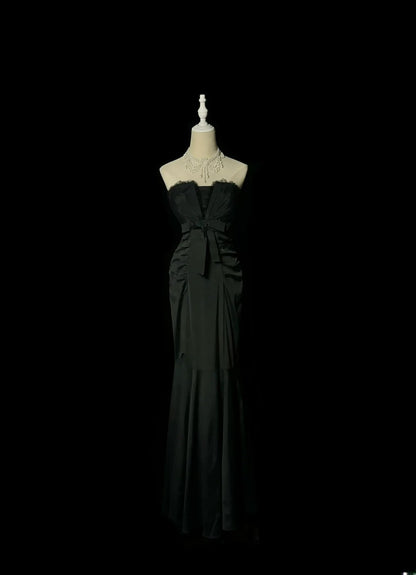 Robe de soirée sirène sans bretelles noire élégante avec fronces, sans manches, pour concours de beauté, robes de bal de promo MP1197