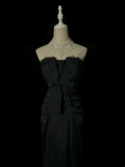 Robe de soirée sirène sans bretelles noire élégante avec fronces, sans manches, pour concours de beauté, robes de bal de promo MP1197