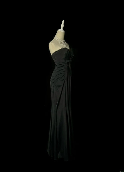 Robe de soirée sirène sans bretelles noire élégante avec fronces, sans manches, pour concours de beauté, robes de bal de promo MP1197