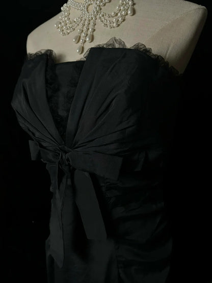 Robe de soirée sirène sans bretelles noire élégante avec fronces, sans manches, pour concours de beauté, robes de bal de promo MP1197