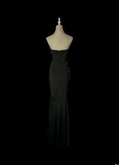 Robe de soirée sirène sans bretelles noire élégante avec fronces, sans manches, pour concours de beauté, robes de bal de promo MP1197