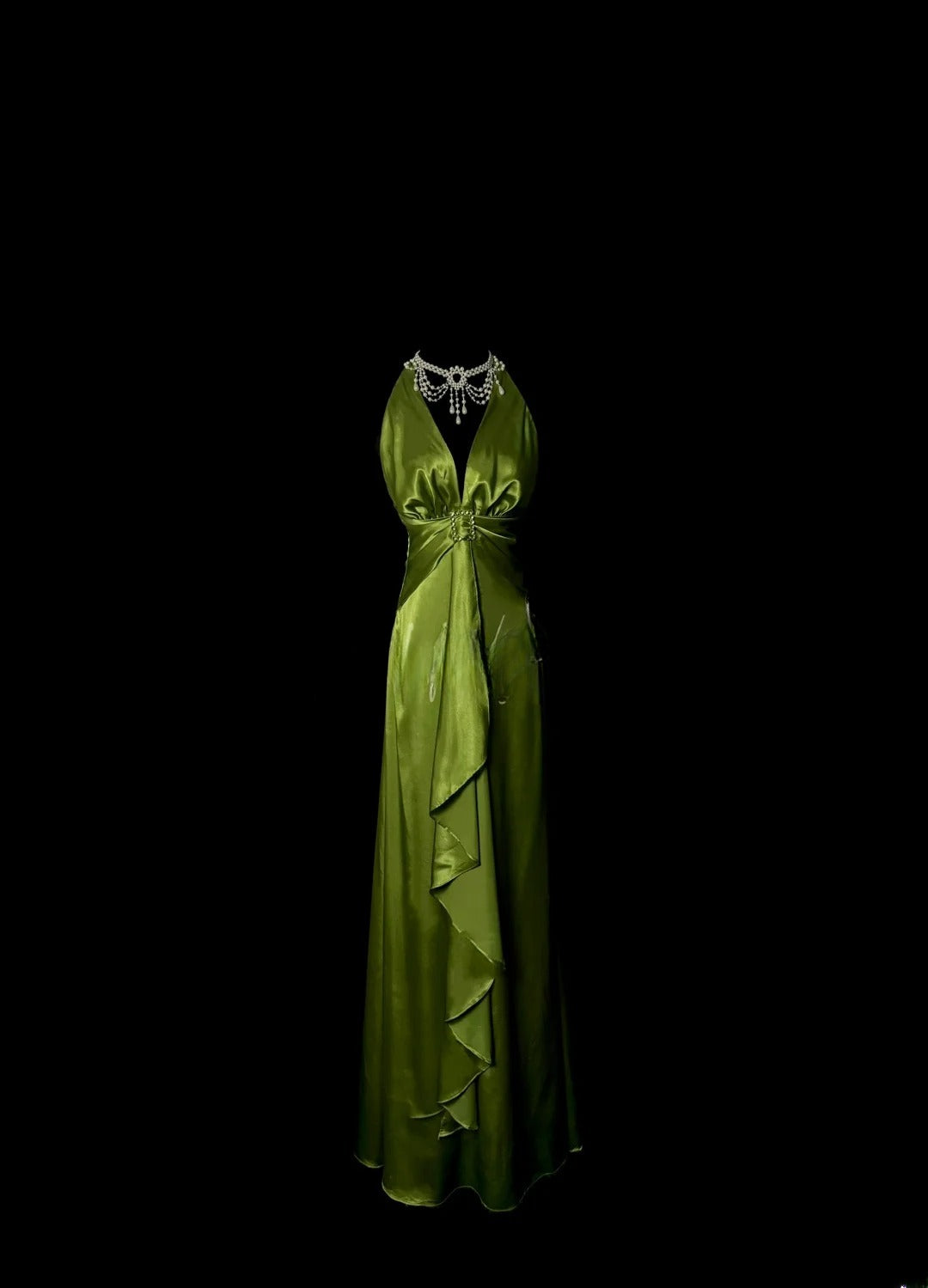 Aesthetic A line Halter Olive Green Satin Inspiration Sleeveless Pageant Outfits Prom Dresses MP1199