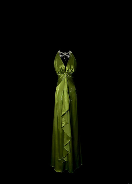 Aesthetic A line Halter Olive Green Satin Inspiration Sleeveless Pageant Outfits Prom Dresses MP1199