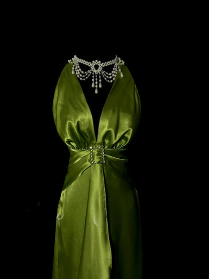 Aesthetic A line Halter Olive Green Satin Inspiration Sleeveless Pageant Outfits Prom Dresses MP1199