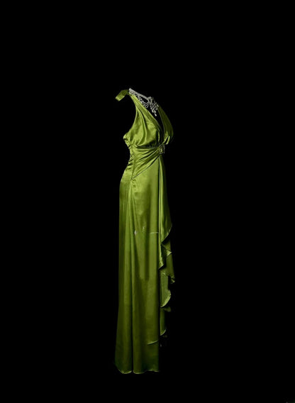 Aesthetic A line Halter Olive Green Satin Inspiration Sleeveless Pageant Outfits Prom Dresses MP1199