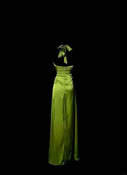 Aesthetic A line Halter Olive Green Satin Inspiration Sleeveless Pageant Outfits Prom Dresses MP1199