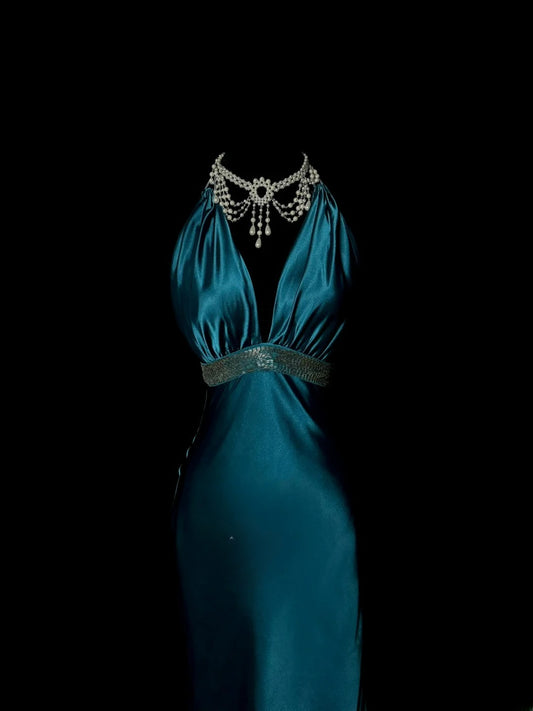 Stylish Mermaid Halter Teal Blue Sleeveless Formal Gown Prom Dresses Inspiration Formal Dress MP1203