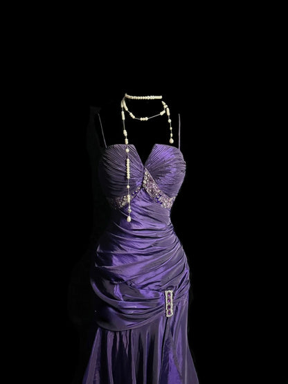 Vintage Meerjungfrau Spaghettiträger Lila mit Rüschen Retro Motto Abschlussball Outfits 90er Y2K Abendkleid Lange Abschlussballkleider MP1231