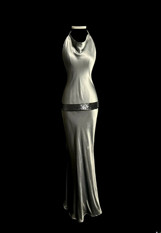 Fashionable Mermaid Halter Grey Backless Retro Themed Prom Outfits 90s Y2K Evening Dress Long Prom Dresses MP1232