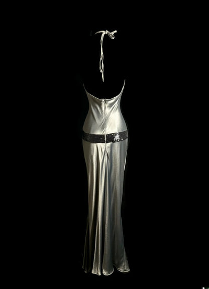 Modische Meerjungfrauen-Neckholder-Abendkleider in Grau, rückenfrei, im Retro-Stil der 90er/Y2K, lange Ballkleider MP1232