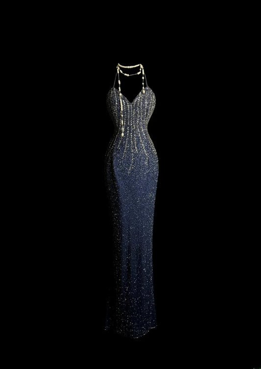 Fashionable Mermaid Halter Navy Blue Sequin Backless Retro Themed Prom Outfits 90s Y2K Evening Dress Long Prom Dresses MP1233
