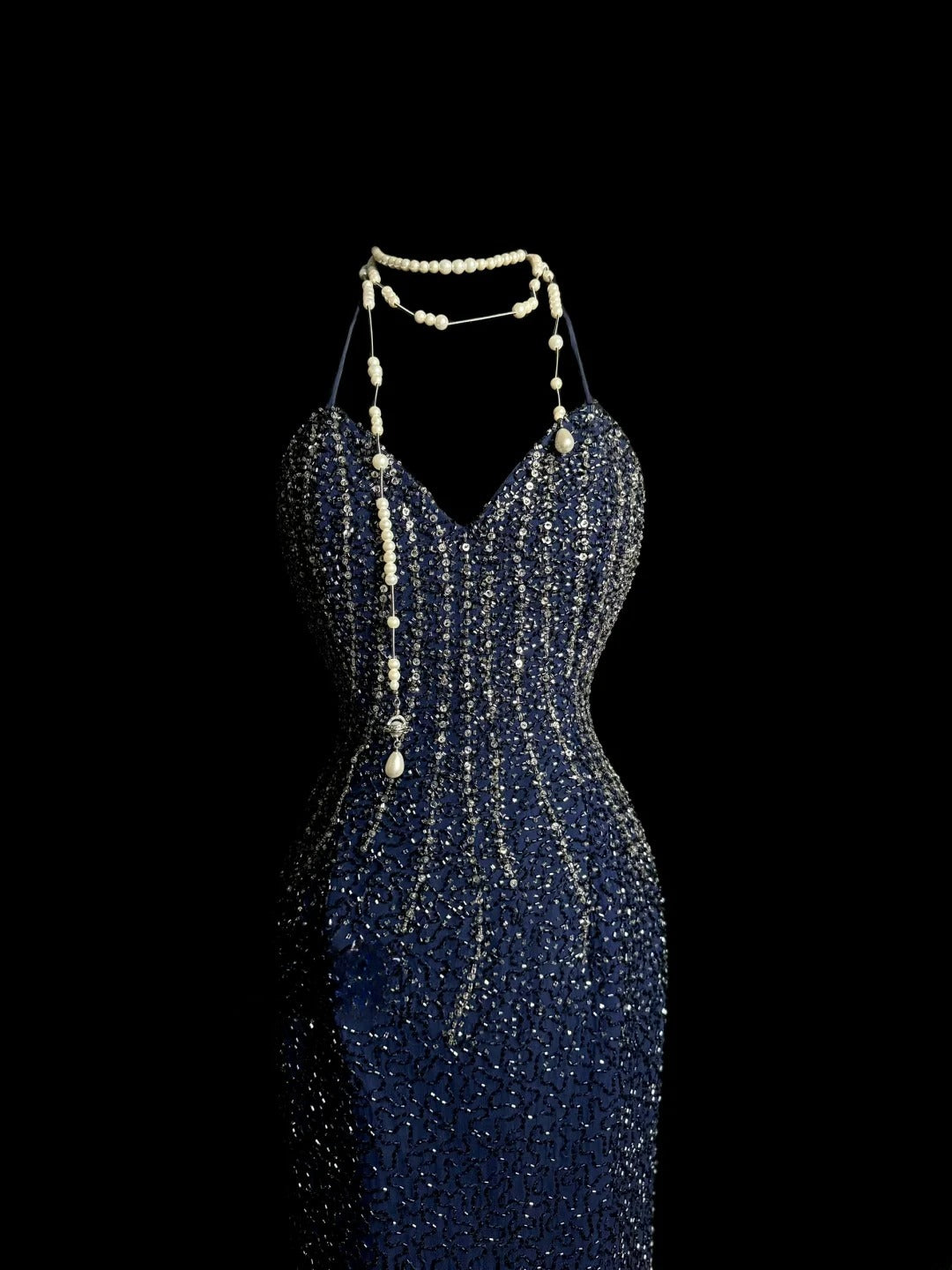 Modische Meerjungfrau Neckholder Marineblau Pailletten Rückenfrei Retro Motto Abschlussball Outfits 90er Y2K Abendkleid Lange Abschlussballkleider MP1233