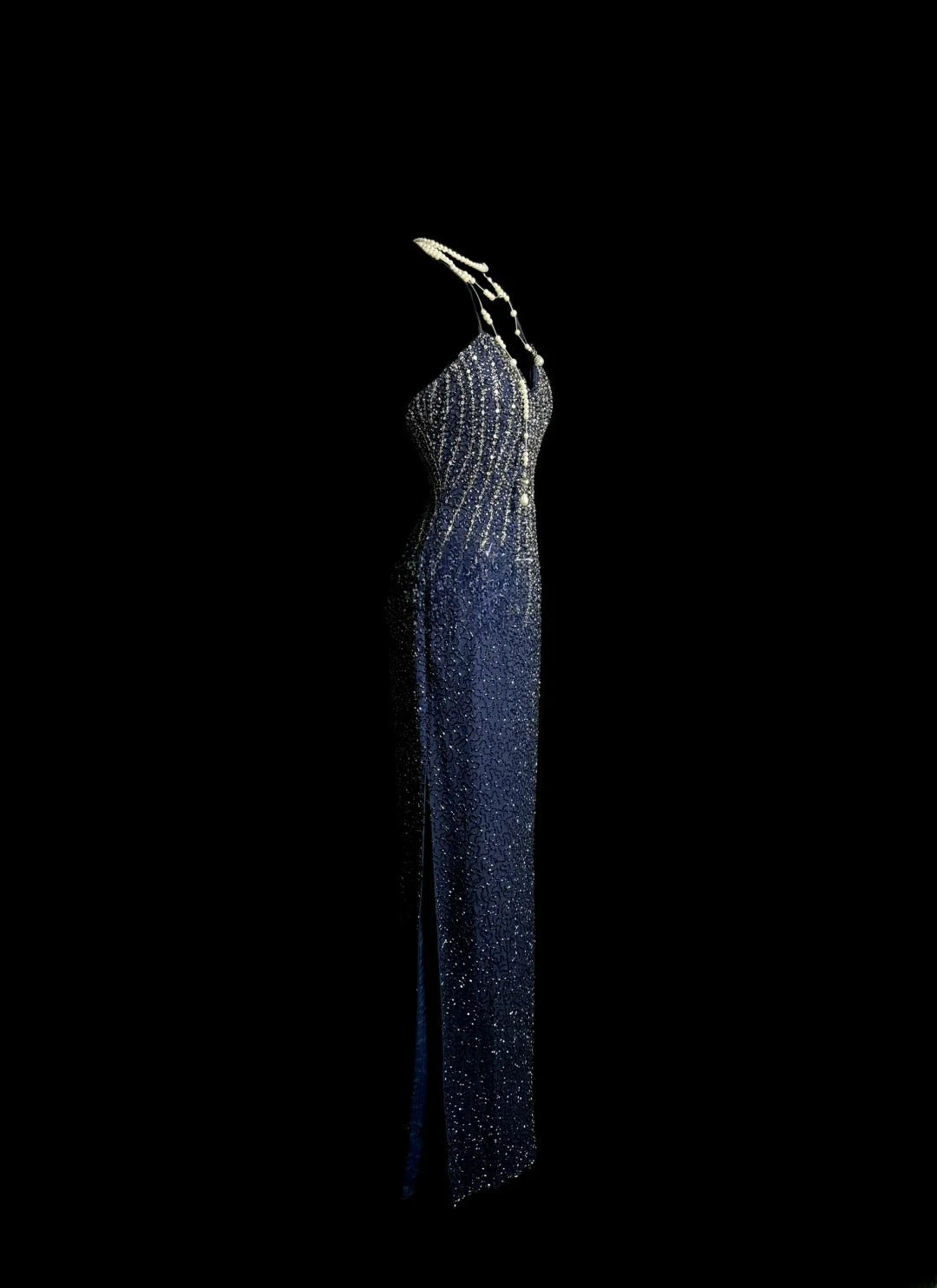 Modische Meerjungfrau Neckholder Marineblau Pailletten Rückenfrei Retro Motto Abschlussball Outfits 90er Y2K Abendkleid Lange Abschlussballkleider MP1233
