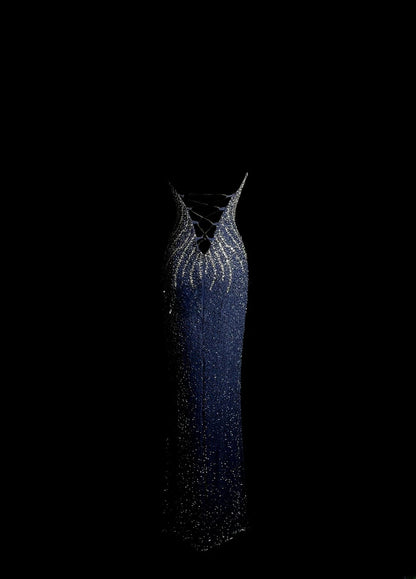 Modische Meerjungfrau Neckholder Marineblau Pailletten Rückenfrei Retro Motto Abschlussball Outfits 90er Y2K Abendkleid Lange Abschlussballkleider MP1233