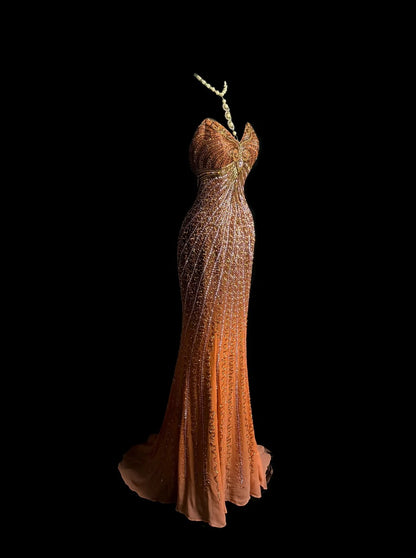Wunderschöne Meerjungfrau Herz-Ausschnitt Orange Pailletten Perlen Retro-Mottoparty Outfits 90er Y2K Abendkleid Lange Abschlussballkleider MP1234