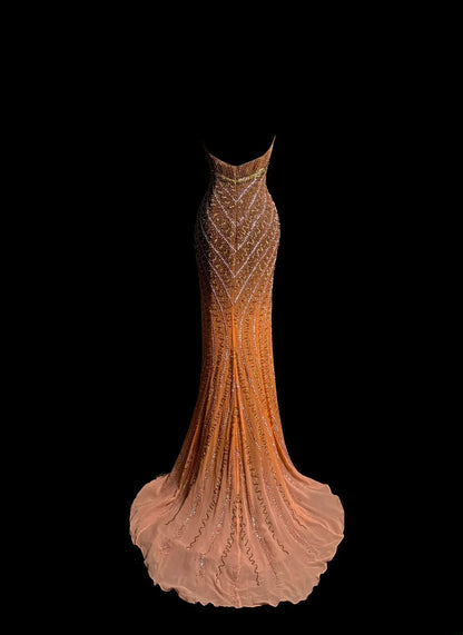 Wunderschöne Meerjungfrau Herz-Ausschnitt Orange Pailletten Perlen Retro-Mottoparty Outfits 90er Y2K Abendkleid Lange Abschlussballkleider MP1234