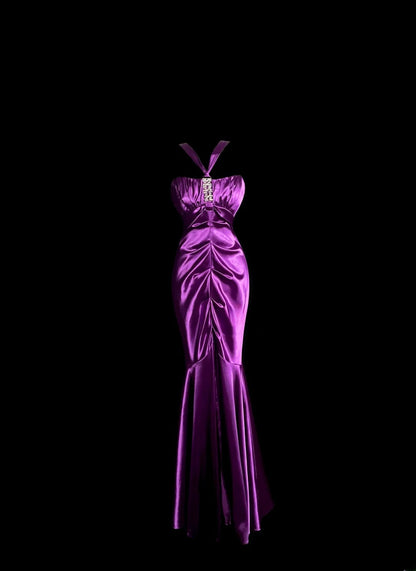 Gorgeous Mermaid Halter Purple Satin Retro Themed Prom Outfits 90s Y2K Evening Dress Long Prom Dresses MP1236