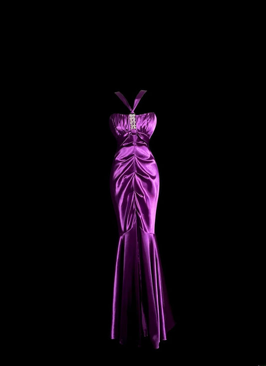 Gorgeous Mermaid Halter Purple Satin Retro Themed Prom Outfits 90s Y2K Evening Dress Long Prom Dresses MP1236