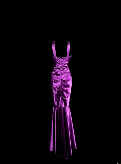 Gorgeous Mermaid Halter Purple Satin Retro Themed Prom Outfits 90s Y2K Evening Dress Long Prom Dresses MP1236