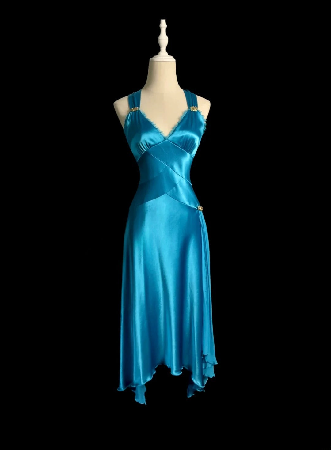 Fashionable A line V Neck Blue Midi Length Retro Themed Prom Outfits 90s Y2K Evening Dress Formal Dresses MP1432