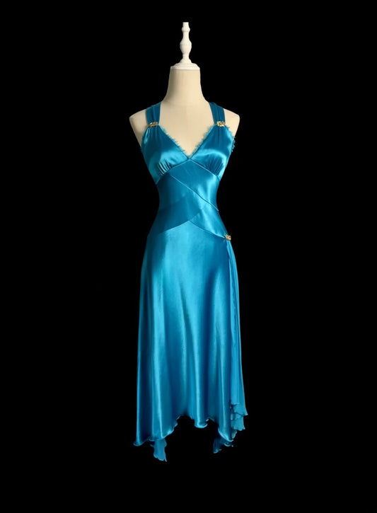 Fashionable A line V Neck Blue Midi Length Retro Themed Prom Outfits 90s Y2K Evening Dress Formal Dresses MP1432