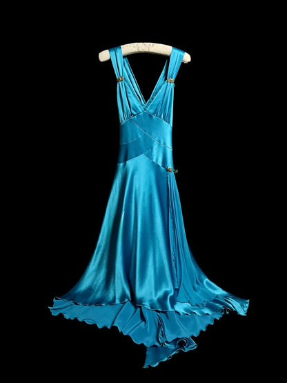 Fashionable A line V Neck Blue Midi Length Retro Themed Prom Outfits 90s Y2K Evening Dress Formal Dresses MP1432