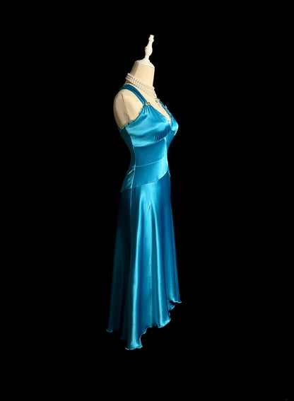 Fashionable A line V Neck Blue Midi Length Retro Themed Prom Outfits 90s Y2K Evening Dress Formal Dresses MP1432