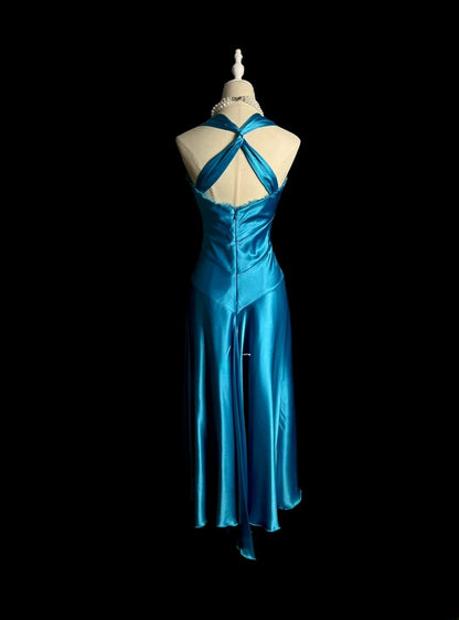 Fashionable A line V Neck Blue Midi Length Retro Themed Prom Outfits 90s Y2K Evening Dress Formal Dresses MP1432
